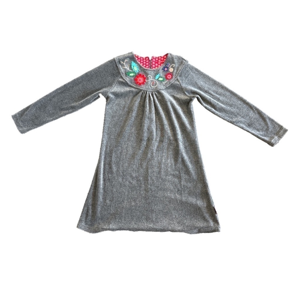 Oilily Grey Velvet Dress with floral embroidery and zip back size 8